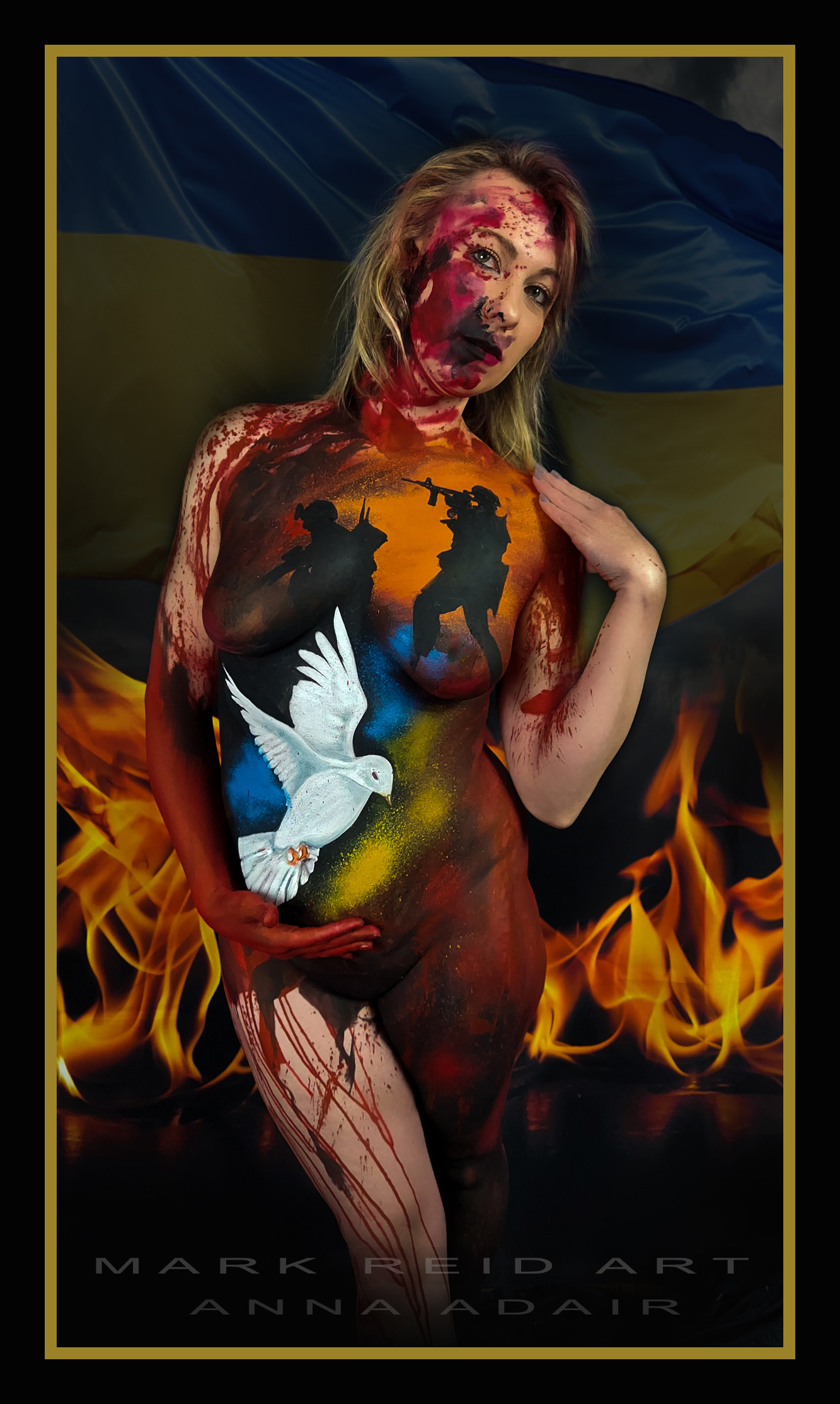 Full body painting of a woman that includes military figures in silhouette behind a bright white dove.  The woman's face and arms have been painting to look like gore